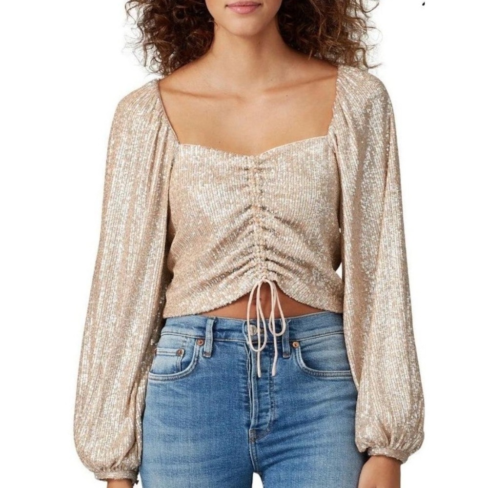 SIMKHAI Sequin Ruched Front Long Sleeve Blouse